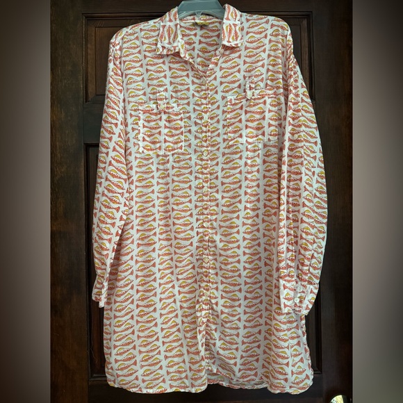 Roberta Roller Rabbit Womens Button Down Shirt Dress Pink Salmon Fish Size XL - Picture 1 of 12